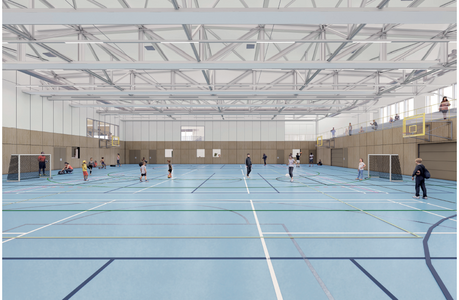 klik en vergroot hoe de sporthal eruit komt te zien, omschreven onder Ruimte avontuurlijk leren, Energiezuinig gebouw