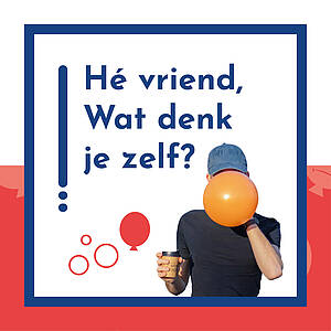 Campagnebeeld van gebruikte lachgasballonnen en -capsules met tekst 'He vriend wat denk je zelf?' 