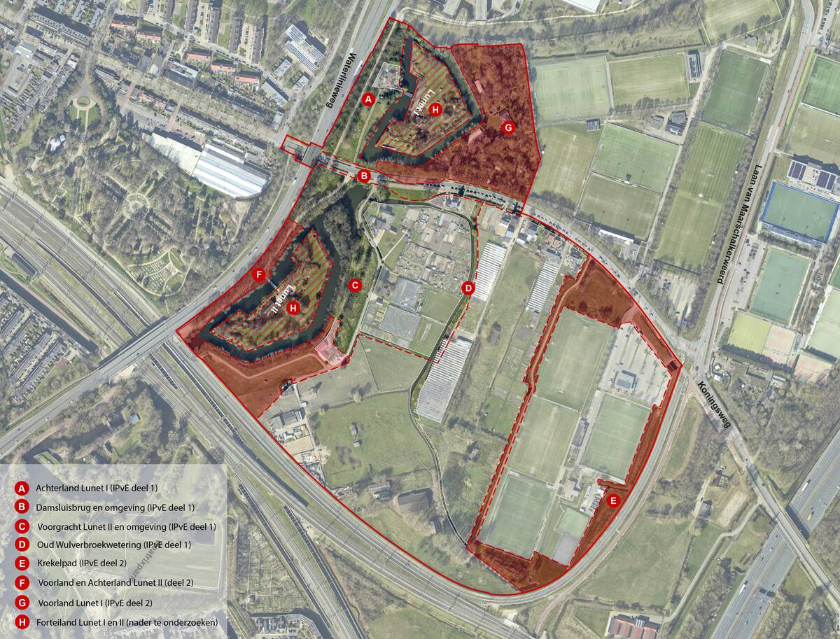 Kaart met de deelprojecten in Lunettenpark. De deelprojecten staan beschreven in de tekst.