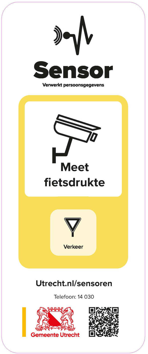 Plaatje bord, met tekst: sensor, verwerkt persoonsgegevens, meet fietsdrukte, utrecht.nl/sensoren, 14 030