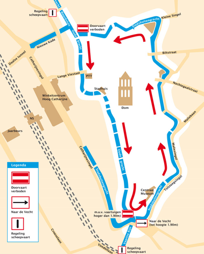 bekijk de plattegrond met de vaarregels (jpg, 261 kB) De vaarrichting in de grachten in de binnenstad is tegen de klok in. Doorvaart is verboden bij de hoeken Stadsbuitengracht-Oudegracht. Bij de zuidelijke hoek bij het Ledig Erf is er een uitzonder voor vaartuigen hoger dan 1.90 meter.