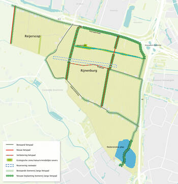 Vergroot het kaartje met daarop: bestaand fietspad, betaande bomerij langs fietspad en zoekgebied zon.kaartje, zie de tekst voor een beschrijving