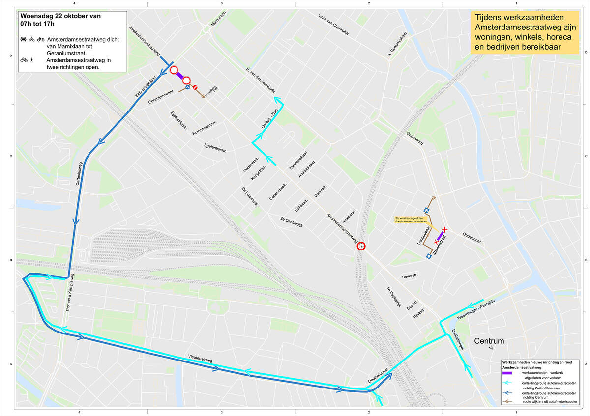 Op deze kaart staan de omleidingen op 22 oktober, deze vindt u in de tekst.