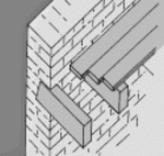 tekening van gezamenlijke muur: de balken die de vloer dragen steken in de muur, maar niet verder dan de helft.