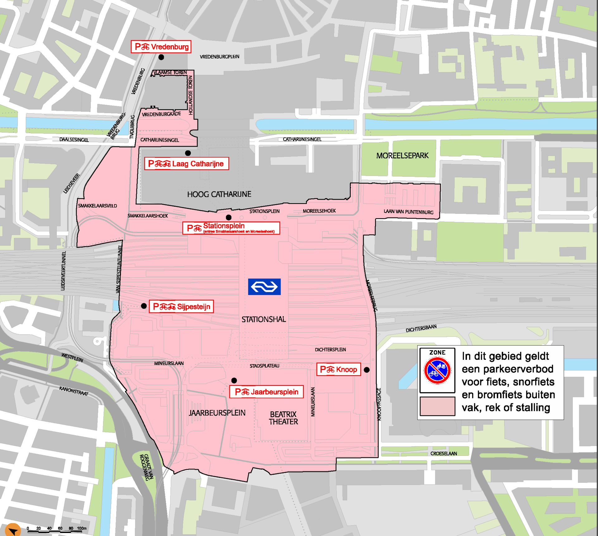Plattegrond van het stationsgebied waar het parkeerverbod geldt. Dit gebied staat beschreven in de tekst.