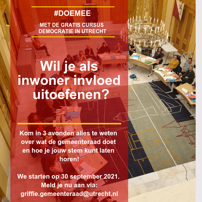 Poster met uitnodiging voor cursus Democratie in Utrecht