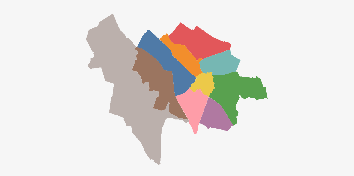 Plattegrond van de stad Utrecht met daarop de wijkindeling getekend. Er zijn 10 wijken.
