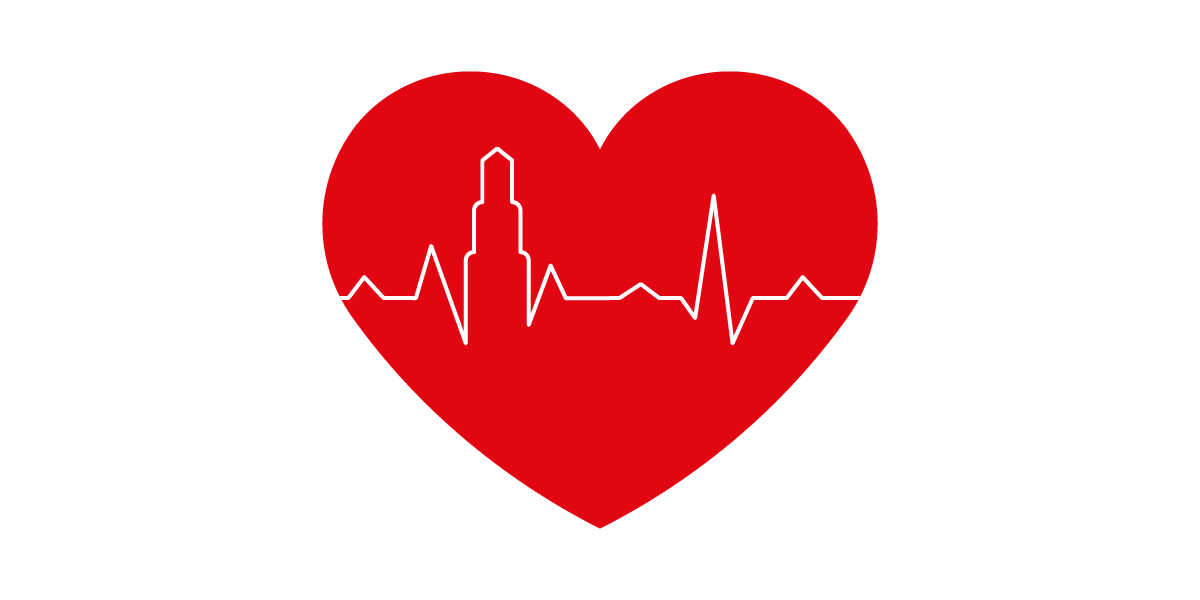 Rood hart met teken van een hartslag en een afbeelding van de Dom. Rechts het bijschrift: Volksgezondheidmonitor Utrecht.