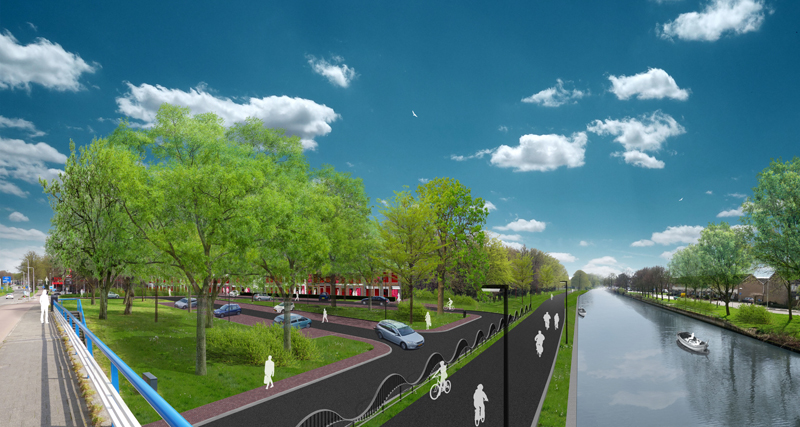 Een impressie van hoe het Nieuwe Zandpad eruit kan gaan zien. Links van de vecht staan bomen en gebouwen in een rustige omgeving