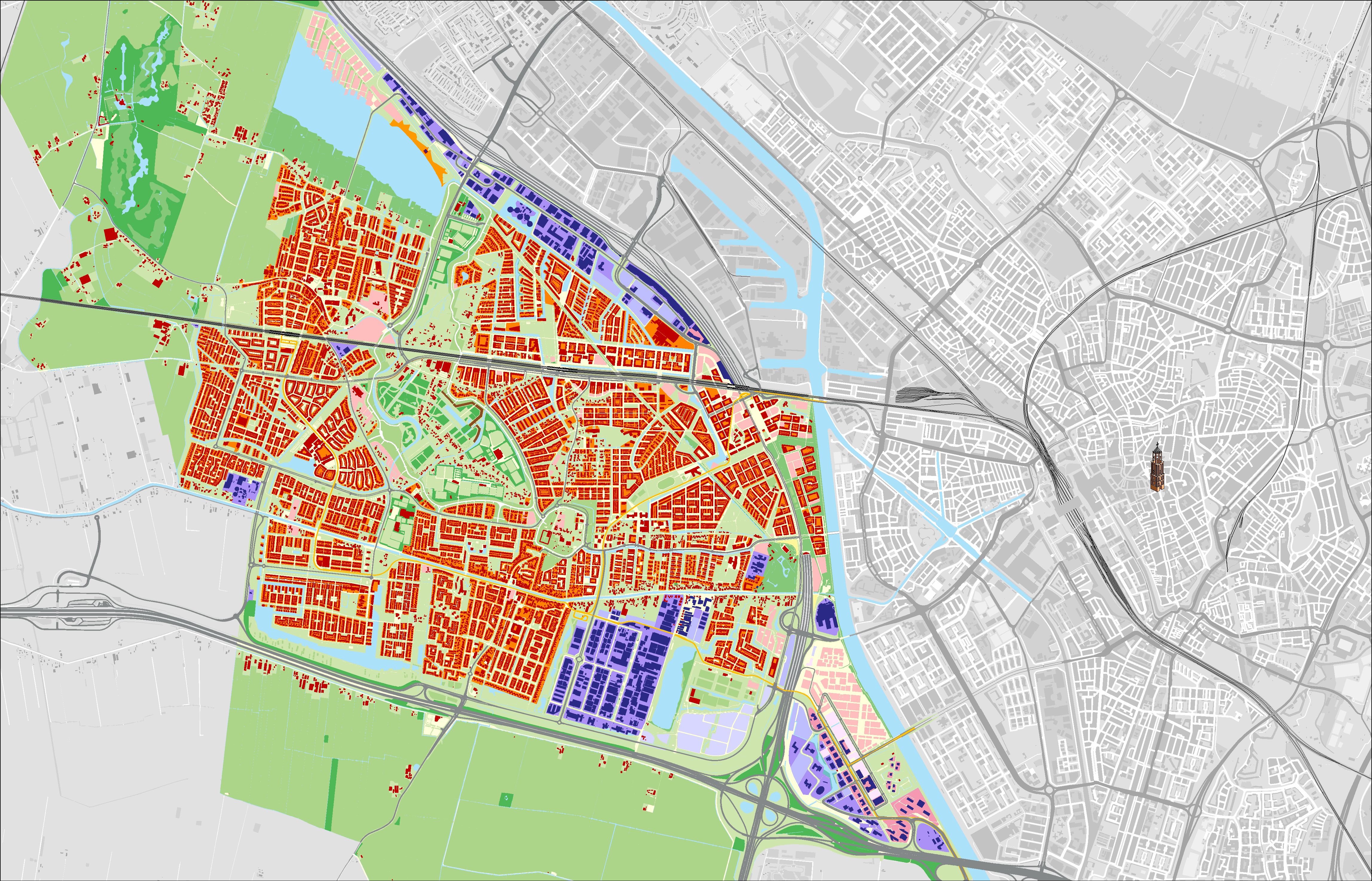 Plankaart waarop te zien is welke buurten nog ontwikkeld worden, en hoe de buurten er op de kaart uitzien als ze klaar zijn