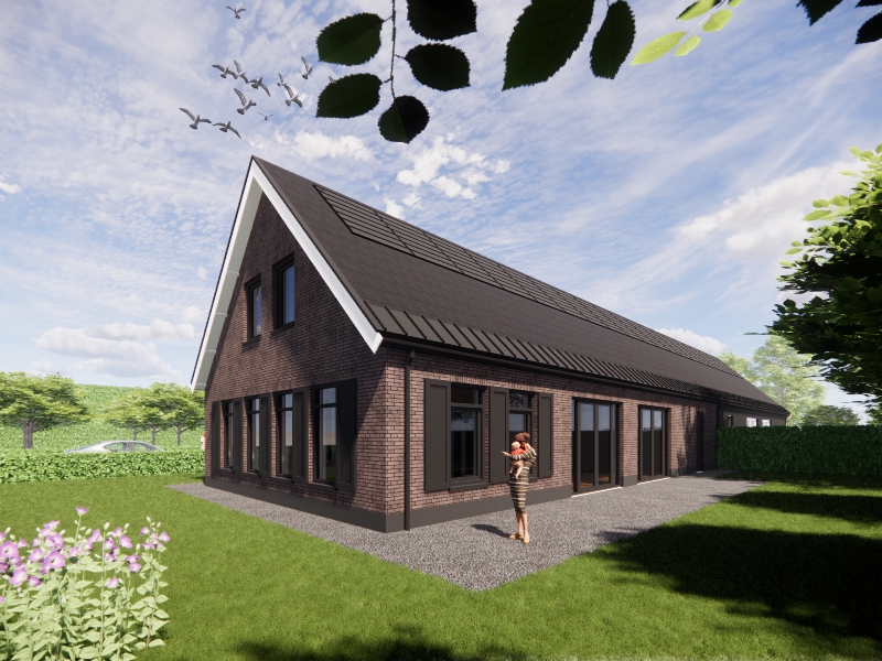 Ontwerp van de boerderij: bakstenen muren en donkere kozijnen en luiken.