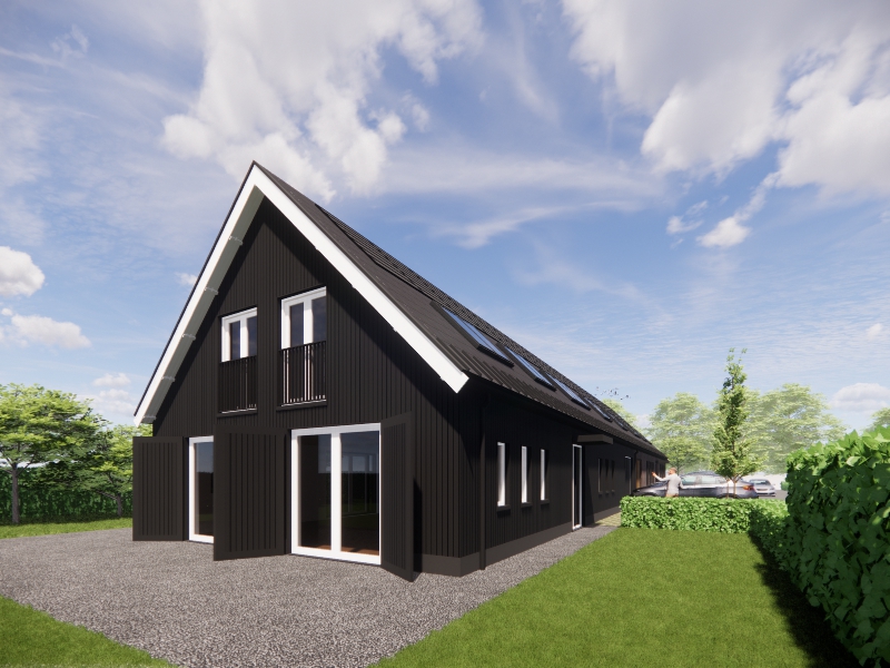 Ontwerp van de boerenschuur: muren van donker hout met witte kozijnen.