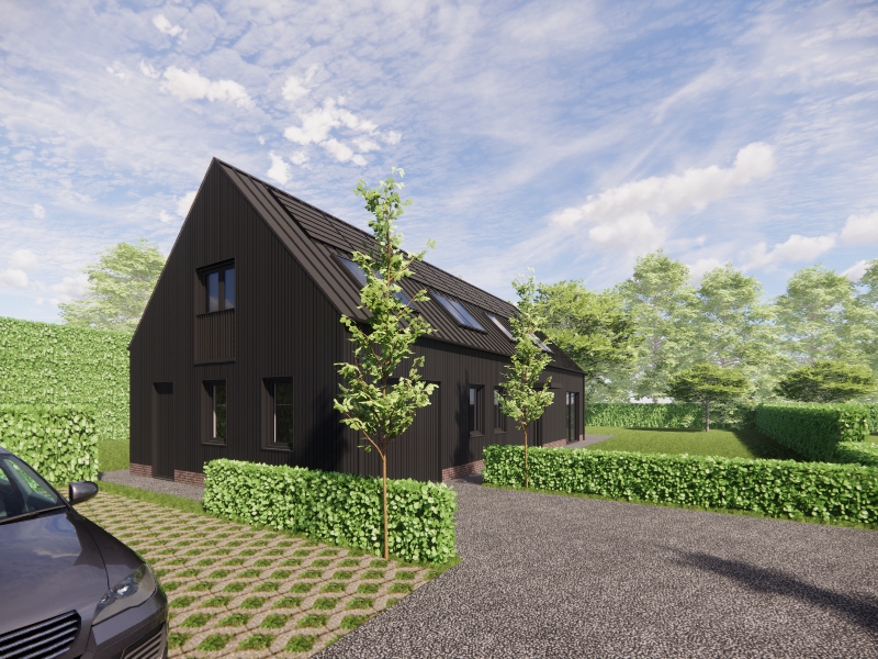 Ontwerp van de boerenschuur: muren van donker hout zonder kozijnen.