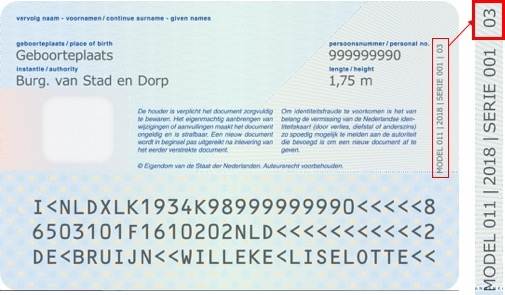 Op de achterkant van uw identiteitsbewijs rechterkant staat het serienummer (de laatste 2 cijfers).