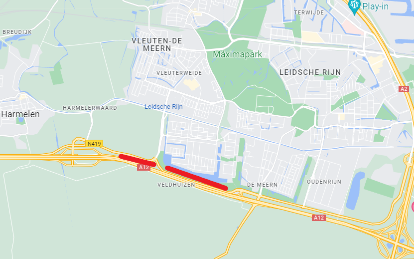 Kaart met locaties geluidswallen. Zie de tekst voor omschrijving van de locaties.