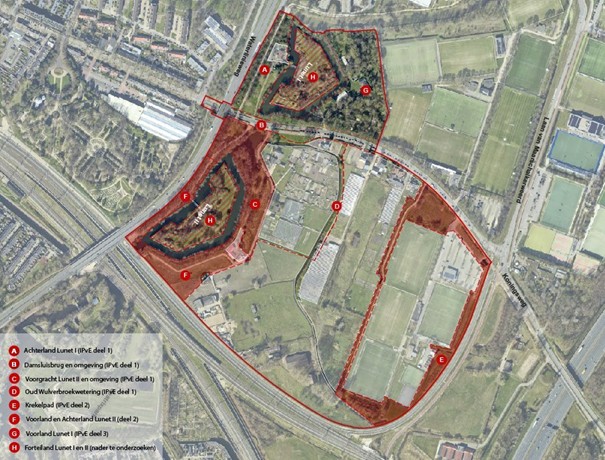 Kaart met de deelprojecten in Lunettenpark. De deelprojecten staan beschreven in de tekst.