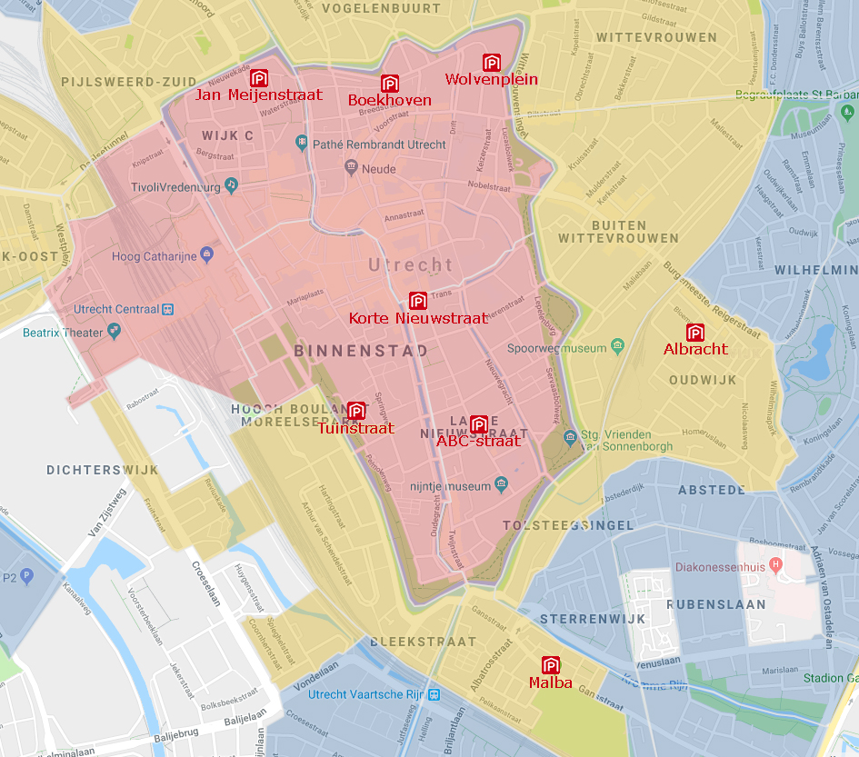 Garages: Jan Meijenstraat, Boekhoven, Wolvenplein, Korte Nieuwstraat, Tuinstraat, ABC-Straat, Albracht en Malba