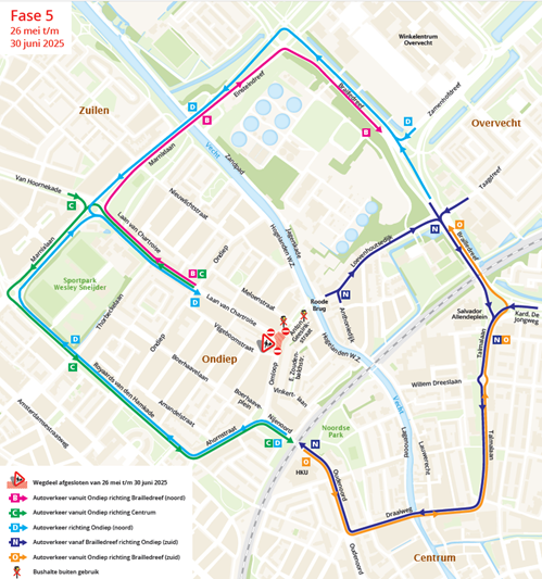 Klik om te vergroten, overzichtskaart van Ondiep, de werkzaamheden en omleidingen