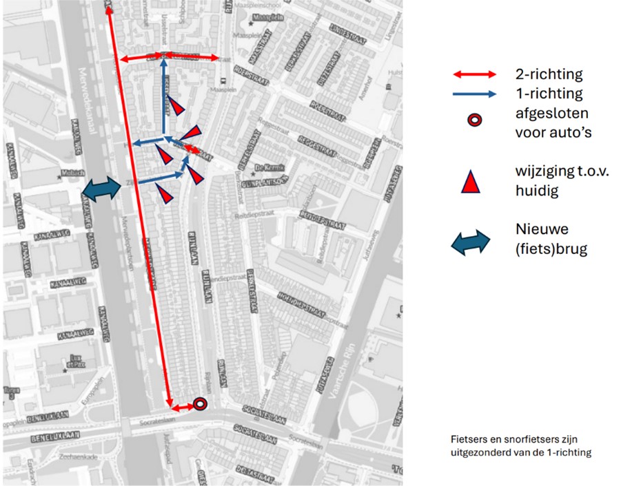 Nieuwe situatie voor auto's tussen de Zuiderzeestraat tot Socrateslaan. Uitleg staat in tekst.