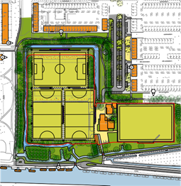 plattegrond van de toekomstige situatie volgens variant 2: in plaats van de twee huidige voetbalvelden komen twee hockevelden en een voetbalveld. De hockevelden komen aan de kant van de vecht, het voetbalveld komt daar dwars op. Om het complex blijft een sloot. het groen aan de kant van de vecht blijft bewaard. De groenstrook die nu tussen de twee velden ligt gaat weg.