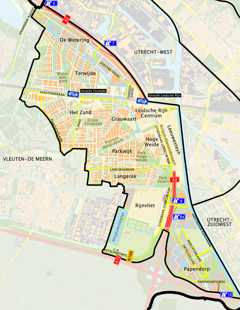 Plattegrond van Leidsche Rijn met daarop de ligging van de buurten aangegeven