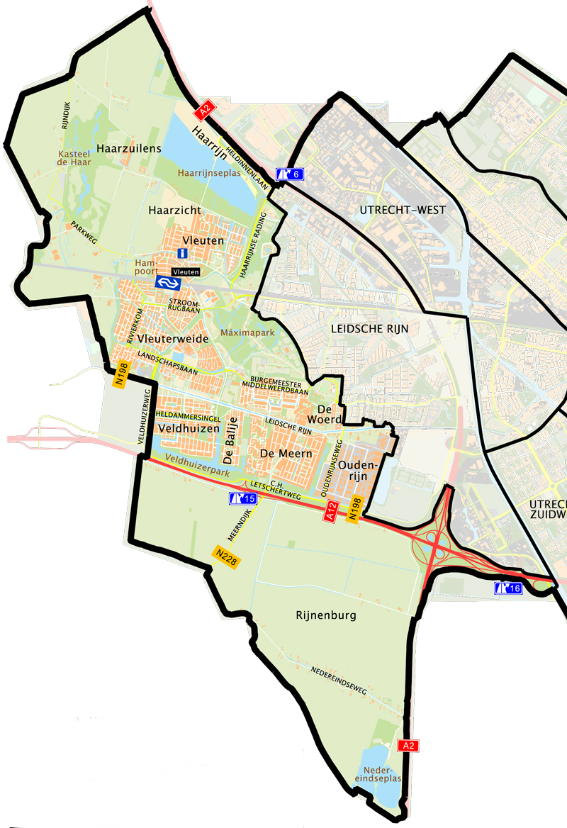 Plattegrond van Vleuten-De Meern, waarop de ligging van buurten is aangegeven