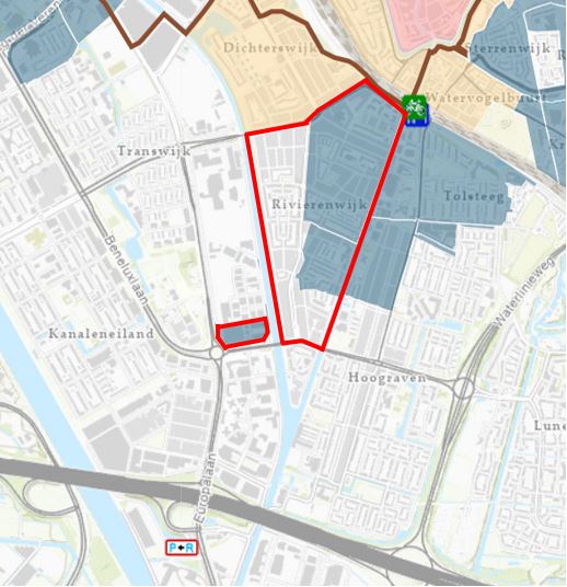 Kaart van Rivierenwijk en Europalaan-Noord. Mensen uit het gebied binnen de rode lijn kunnen meedoen aan de test. 
