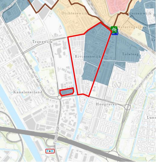 klik en vergroot kaart parkeren op afstand Rivierenwijk, Europalaan-Noord. 