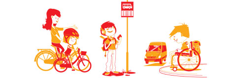 Illustratie leerlingenvervoer op de fiets, met de bus, met de auto Illustratie leerlingenvervoer op de fiets, met de bus, met de auto